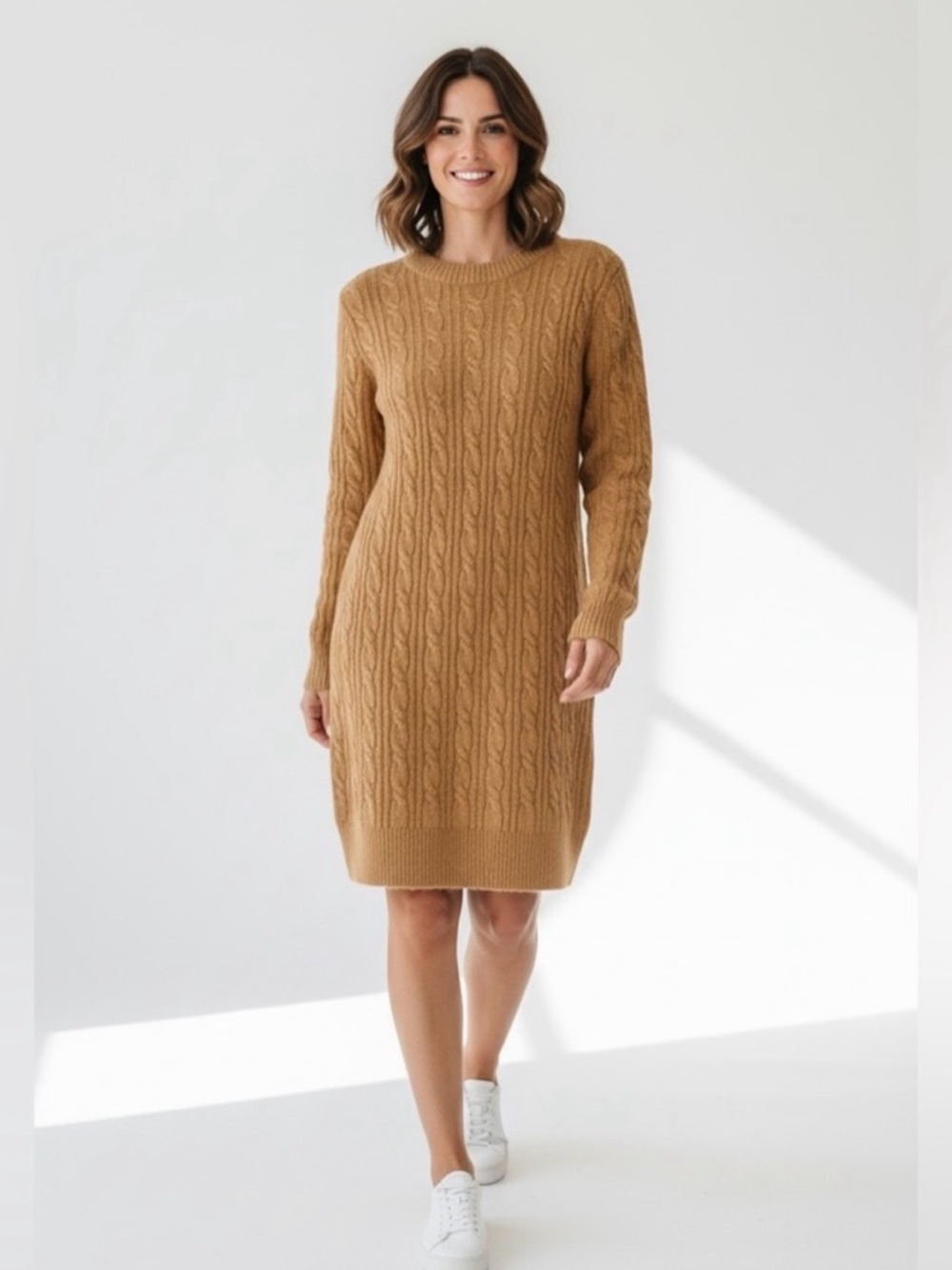 J. Crew Cashmere Wool Blend Cable Knit Sweater Dress // Camel // Medium